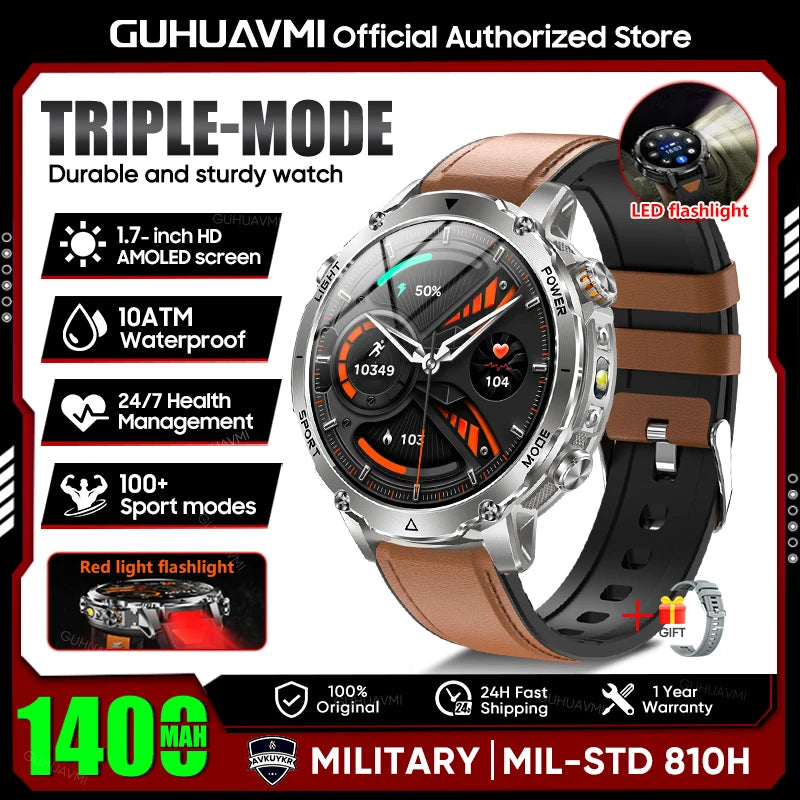 2026 New TANK Ultra 1400mAh Battery Military Smart Watch 10ATM Waterproof Heart Rate Tactical LED Flashlight Men Sports Bracelet