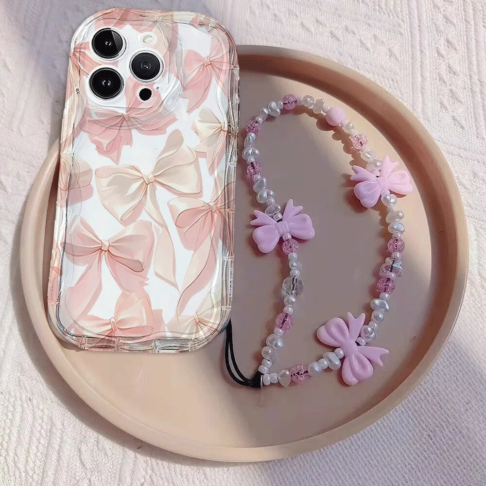 Pink Bow Pattern Chain Case For Samsung Galaxy S25 Ultra S22 S21 S20 Plus S21FE S20FE S25FE A31 Soft Silicone Cover