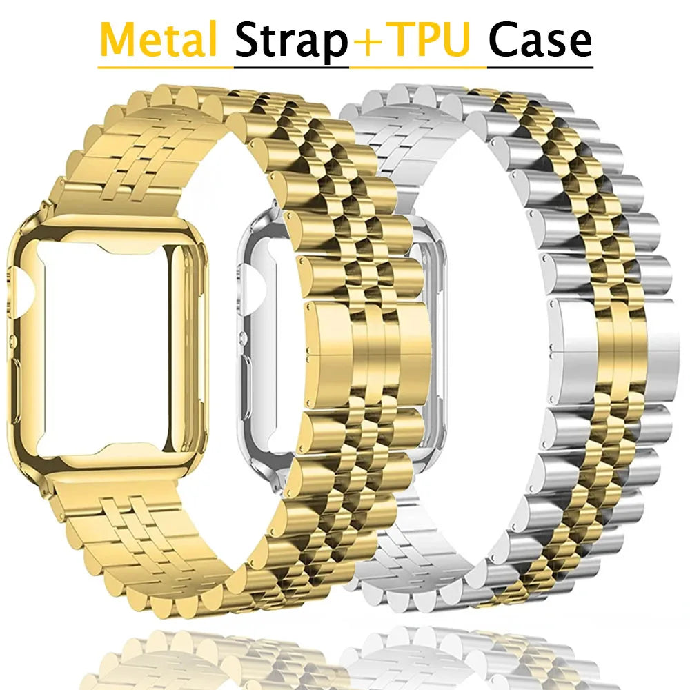 Metal Strap+Soft TPU Case for Apple Watch Band 44mm 40mm 45mm 41mm Ultra 2 49mm Stainless Steel Wristband iWatch 9 8 7 6 5 4 SE
