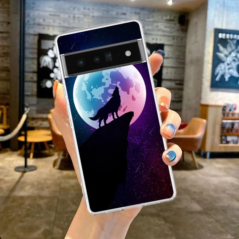 Phone Case Cover for Google Pixel 10 9 8 7 6 5 4 4XL Soft TPU 7A 6A 5A 4A 3A Pro XL 5G Transparent Shell Moon Roaring Wolf Capas