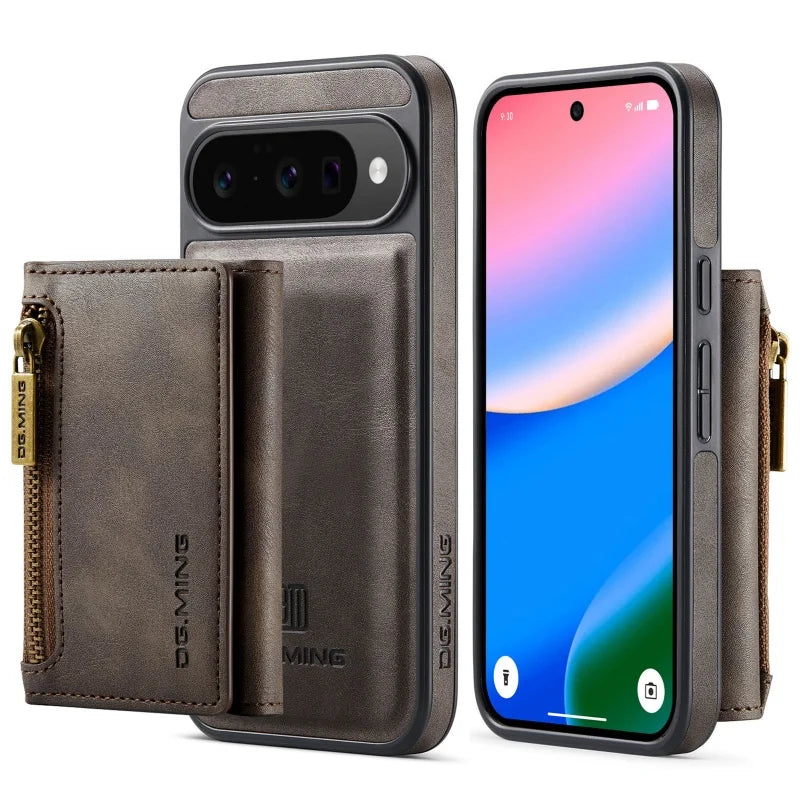 DG.MING Zipper Leather Wallet Phone Case for Google Pixel 10 Pro XL Pro 9 8 2 IN 1 Detachable Card Holder Funda Cover Hoesje Bag