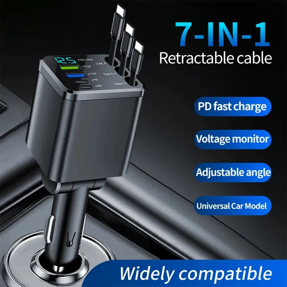7 in 1 Car Charger Retractable USB C Cable Dual Type C Port Fast Charging Phone Adapter for iPhone Phone Car Cigarette Lighter
