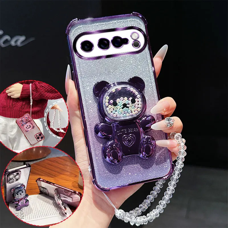 4 Corner Shockproof Phone Case with Cute 3D Bear Stand Crystal Chain Lanyard Glitter For Google Pixel 9 8 10 7 Pro XL Back Cover