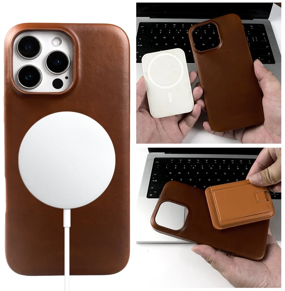 Vintage Full Wrapped Genuine Leather Case For Iphone 16 Pro Max 15 14 13 12 11 Business Oil Wax Magnetic Magsafe Phone Cover