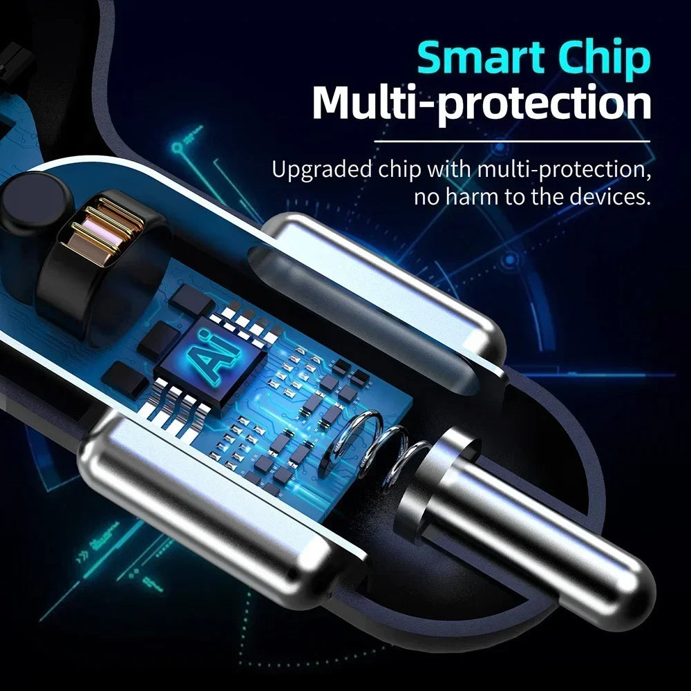 4 in 1 Retractable Car Charger Fast Charging Car Charger  with USB Type-C Cable & 2 Type C Charging Ports, Universal Car Charger