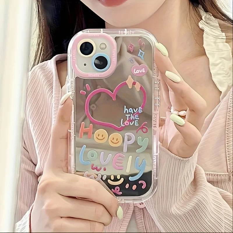 Cute Happy Lovely Heart Colorful Mirror Phone Case For iPhone 11 12 13 14 15 16 17 Pro Max 7 8 Plus X XS XR SE2 Shockproof Cover