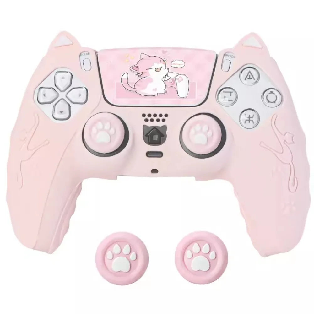 Silicone Controller Case Set Cat Paw with Sticker Controller Skin with Thumb Grip Caps Anti-slip Protective Shell Cover for PS5