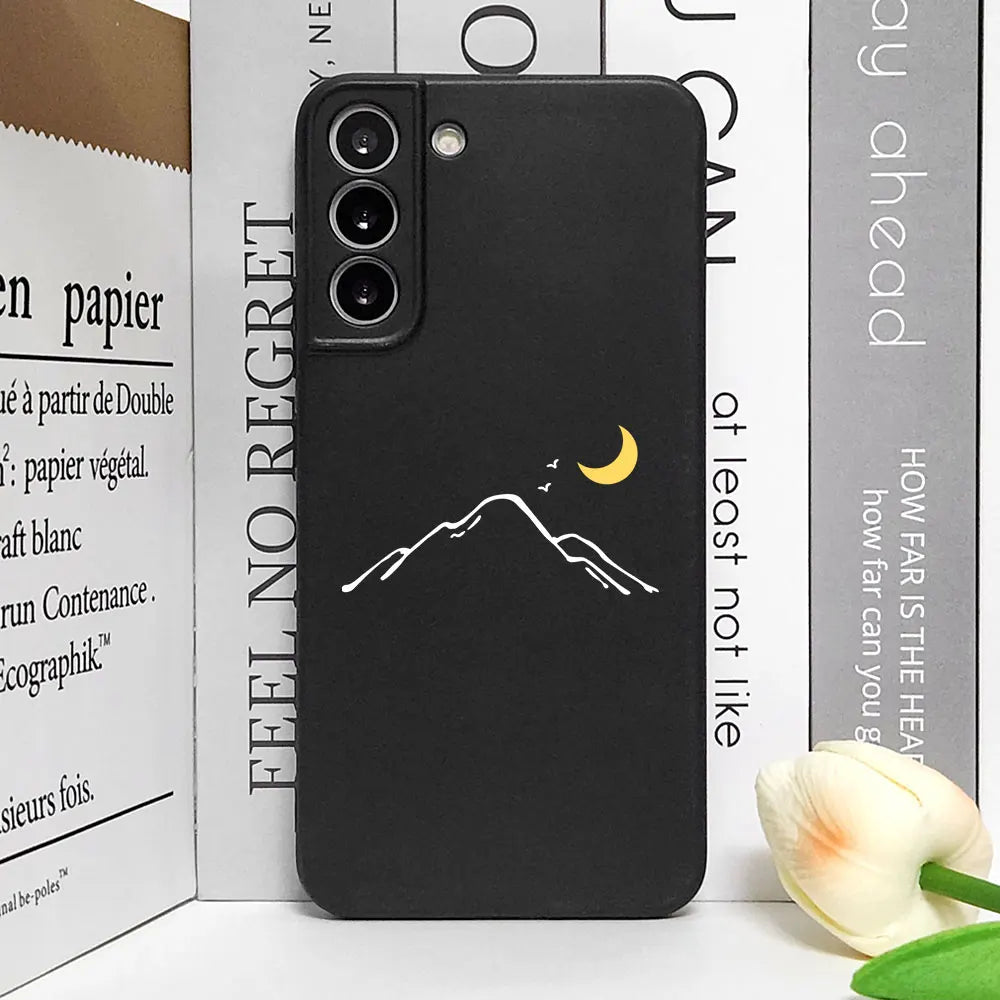 Simple Sun Moon Mountain Couples Painted Phone Case For Samsung Galaxy S23 S24 S25 Ultra S22 S21 S20 Plus FE A15 A54 A55 Cover