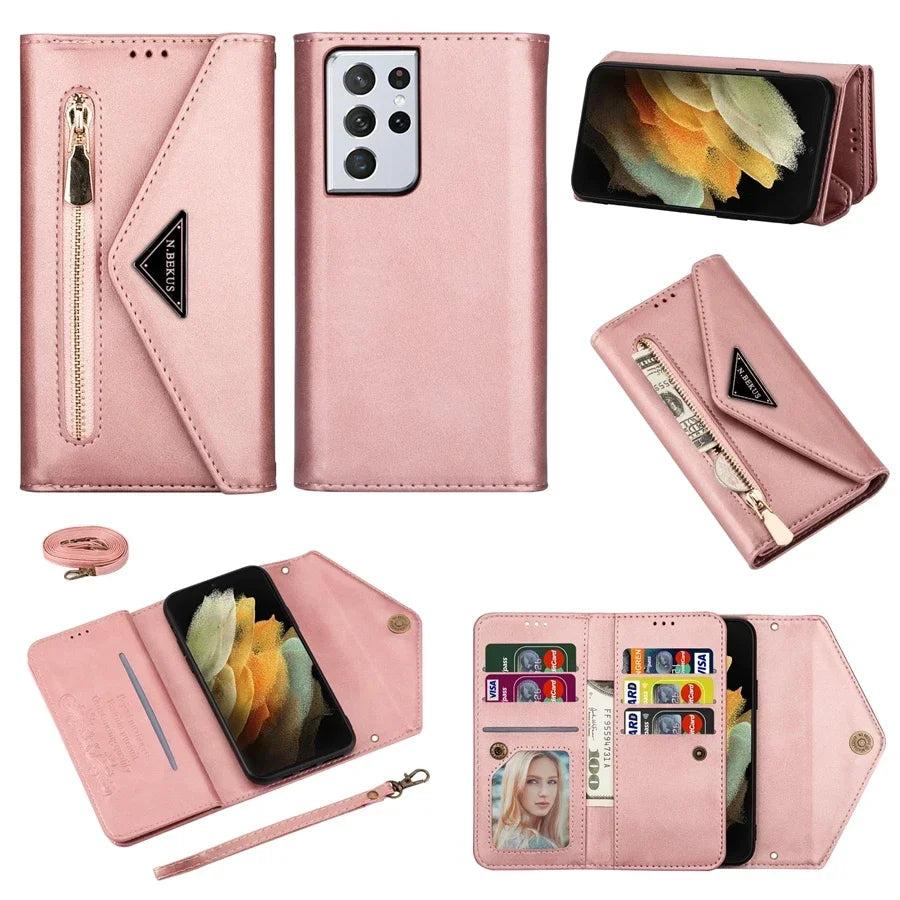 Wallet Multi-card Zipper Flip Leather Case For Samsung Galaxy S25 Ultra S24 Plus S23 S22 S21 S20 FE A13 A14 A51 A52 A53 A54 A71