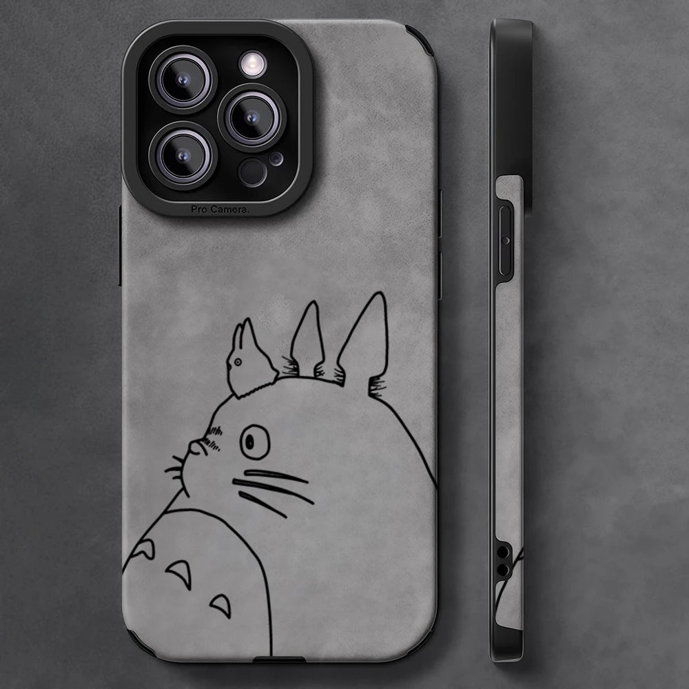 Luxury Leather Lambskin Shockproof Phone Case for IPhone 17 16 Pro Max Air 15 14 13 Max Totoro Line Sketch