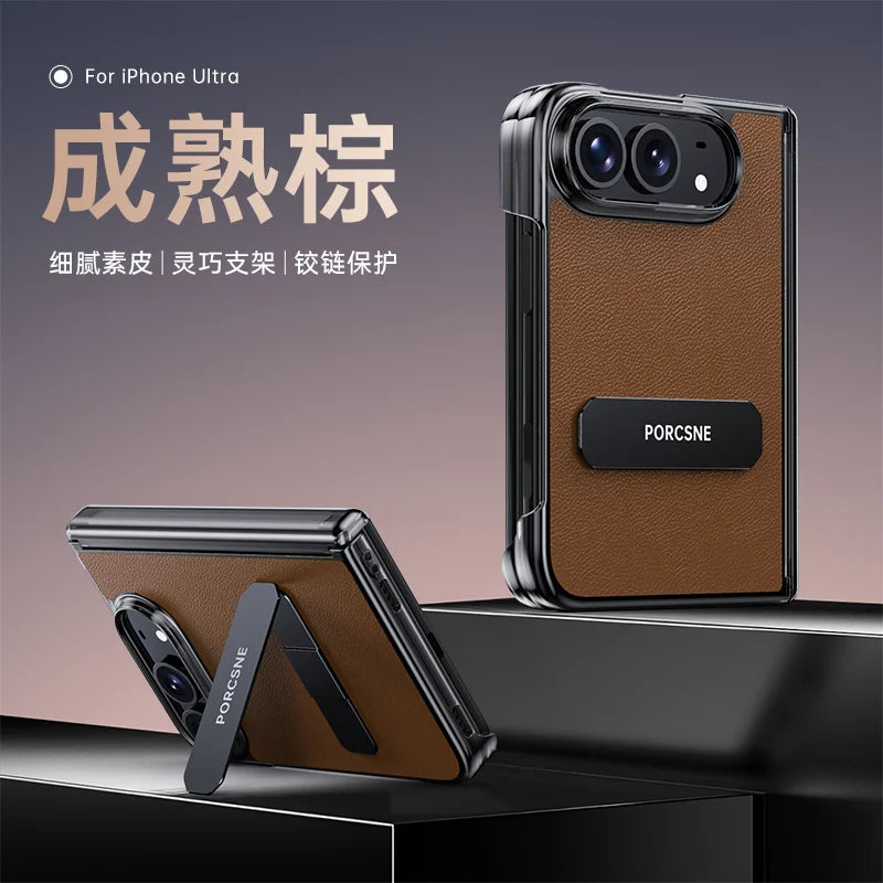 For iPhone Ultra Fold Case Luxury Matte Leather Ultra-Thin Skin-Friendly Folding Hinge Holder Shockproof Back Cover Accessories