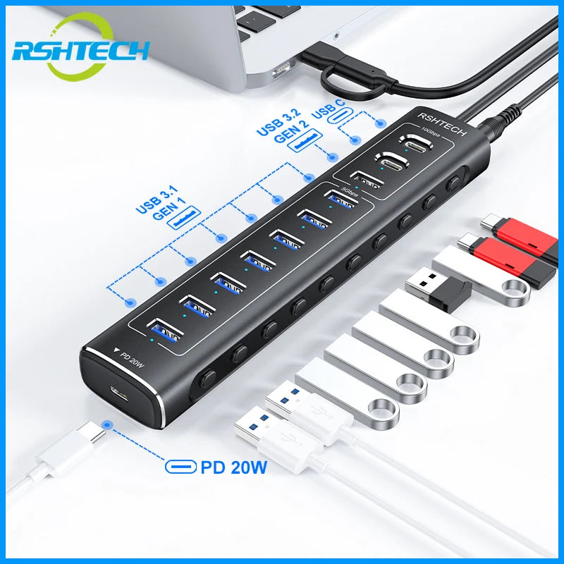 RSHTECH 60W USB 3.1 Hub 10Gbps for Laptop Macbook with 7 USB3.0 Port and 20W PD Aluminum USB Splitter Data Transfer Dock Station