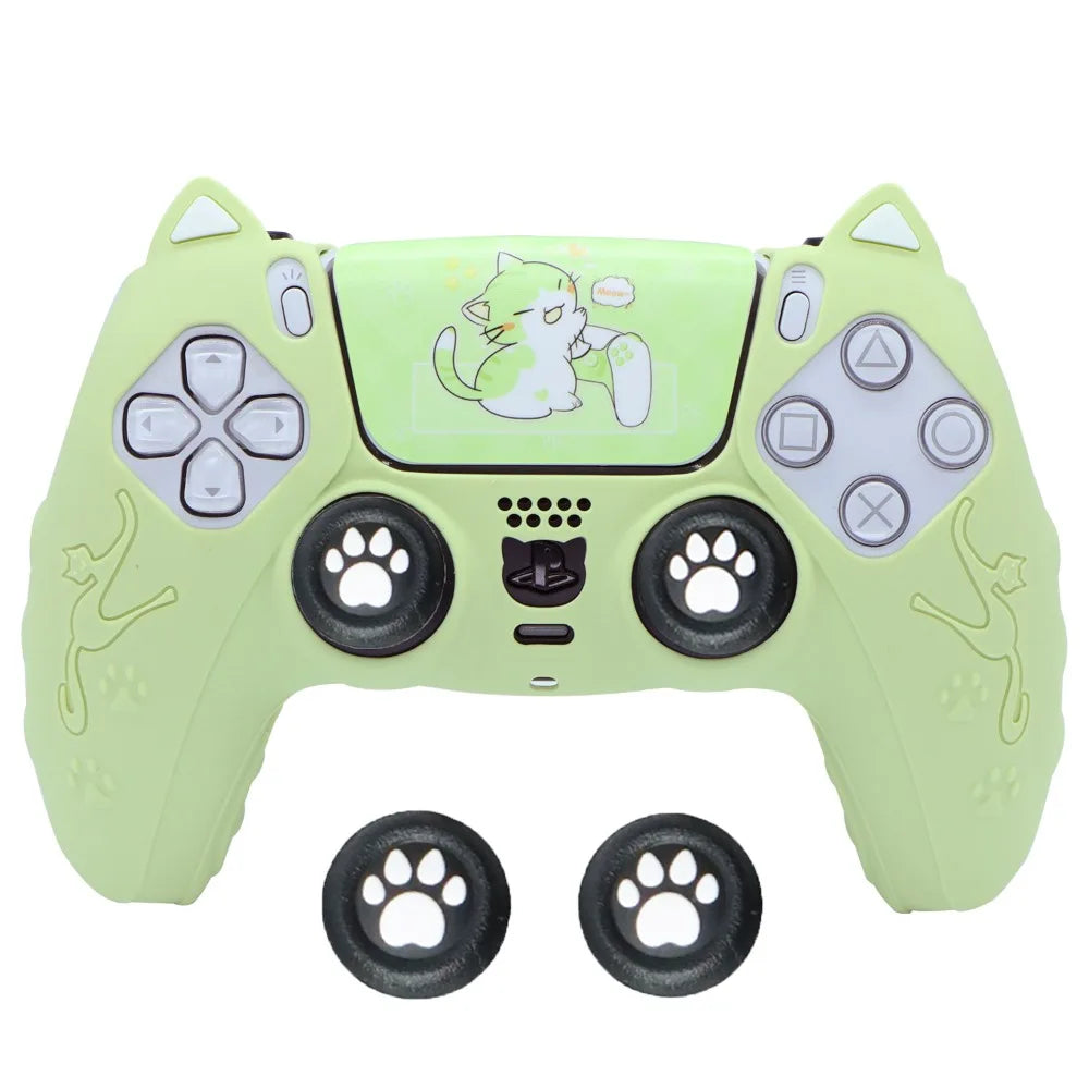 Silicone Controller Case Set Cat Paw with Sticker Controller Skin with Thumb Grip Caps Anti-slip Protective Shell Cover for PS5