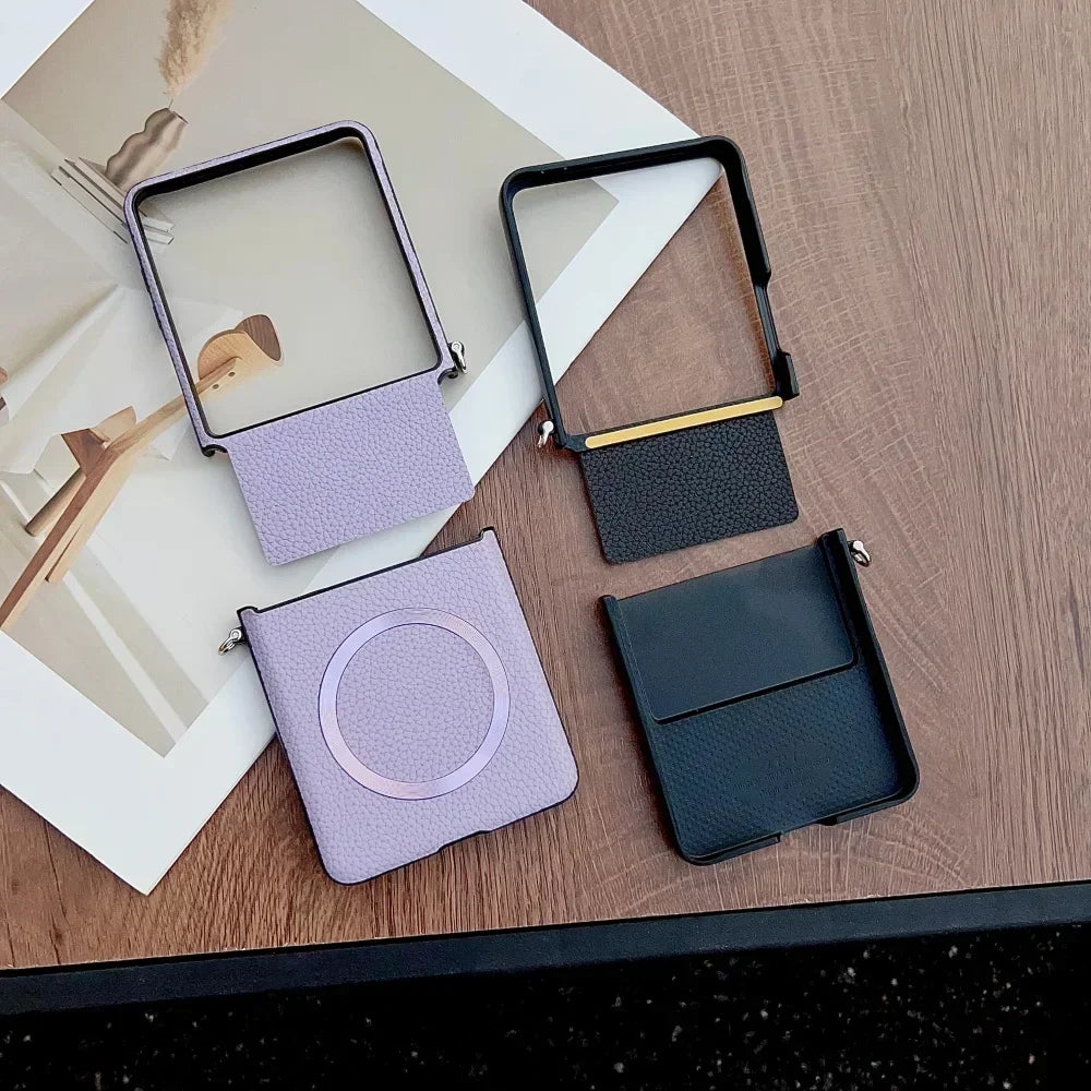 Original Lychee Pattern Leather for Magsafe Wireless Charging Case for Samsung Galaxy Z Flip 8 7 6 5 Strap Anti-drop Slim Cover