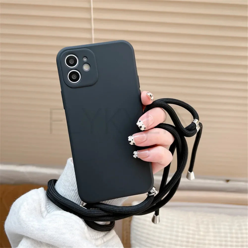 Crossbody Necklace Strap Lanyard Cord Phone Case For iPhone 13 12 MiNi 11 14 15 Pro X XR XS Max 6S 7 8 Plus Soft Silicone Cover
