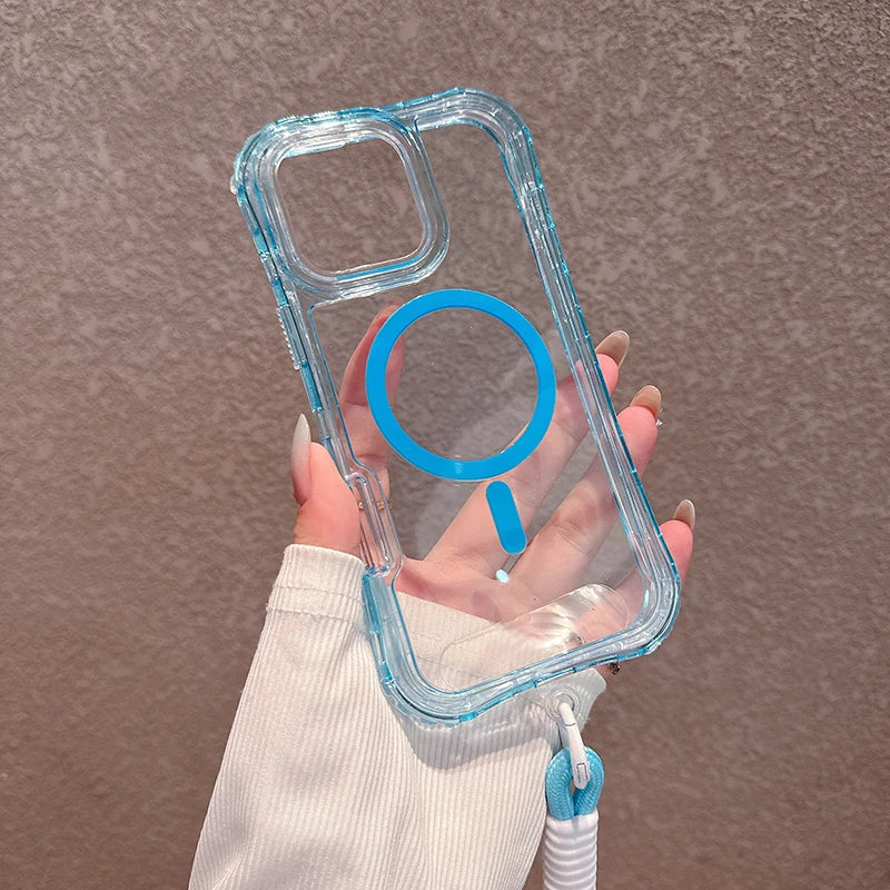 3IN1 Candy Color Clear Shockproof Phone Case for IPhone 17Air 16E 15 14 Plus 13 12 Pro Max Lanyard Magnetic Charge Protect Cover