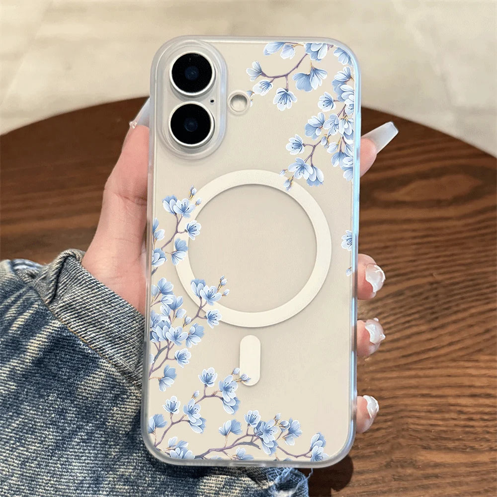 Light Blue Blossom Branch Print Wireless Charging Phone Case For Magesafe iPhone 17 16 15 14 13 12 Pro Max 17 Air Magnetic Cover