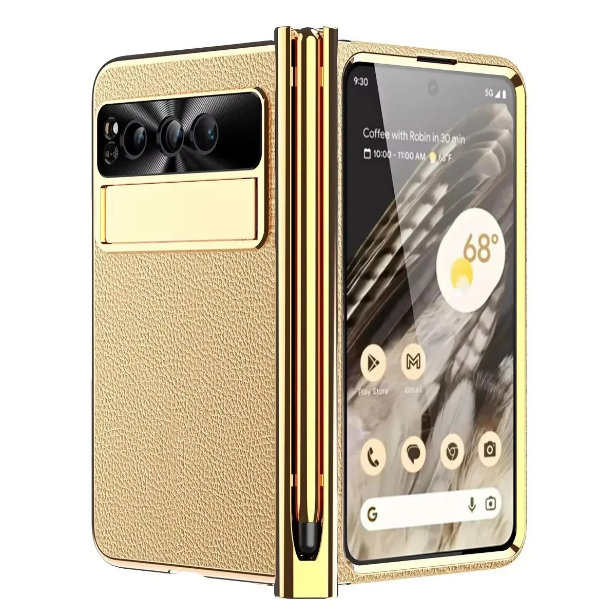 Phone case For Google Pixel Fold Plain Leather Plating Bracket Double Hinge with Pen Shell Film All-inclusive Protective Case