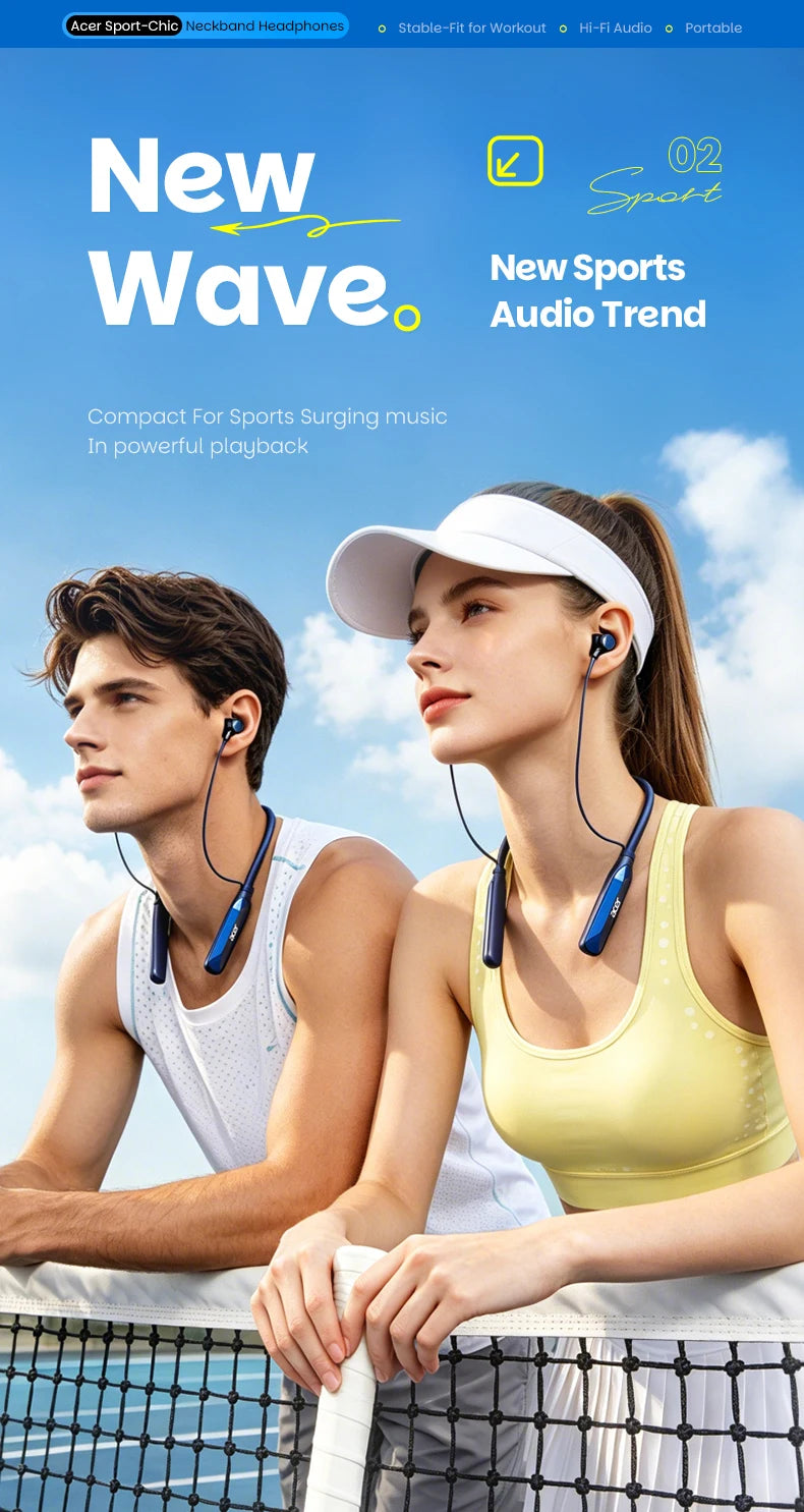 Acer Ohr811 Neck-Mounted In-Ear Wireless Headphones, Bendable Memory Neckband, Stereo Surround Sound, 20-Hour Long Battery Life, High-Definition Calls, Lightweight and Stable, Suitable for Fitness and Running