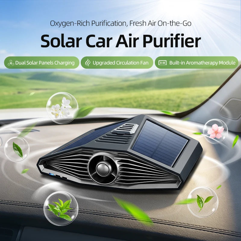 1pc, Dual Solar Panel Car Air Purifier with Ozone, Odor, and Bacteria Removal, Fan Circulation, Built-in Aromatherapy Module