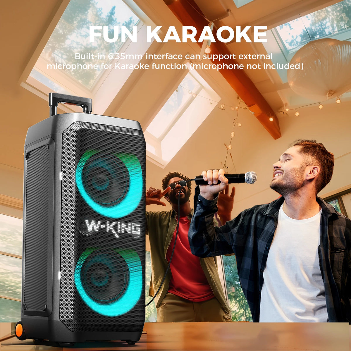 W-KING T12 Tragbare Bluetooth-Lautsprecher-Box mit 370W MAX Pro Sound, Lichtshow, CSB, Bass Boost, Rollen und Teleskopgriff