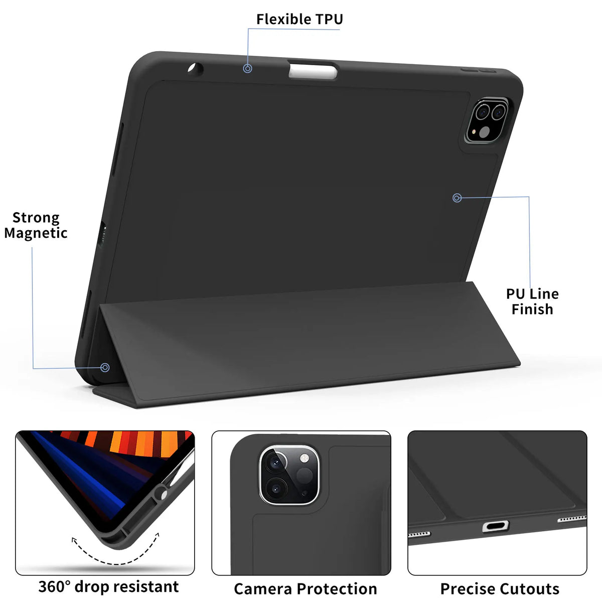 For iPad Pro 11 inch 4/3/2th Generation with Pen Slot Case,For iPad Pro 11-inch(M4)2024 Trifold Stand TPU Soft Back Tablet Cases