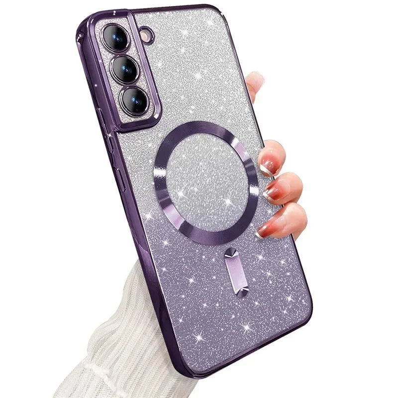 Glitter Magnetic Case For Samsung Galaxy S26 S24 Ultra S23 S22 S21 Plus S20 FE A56 A55 A36 Plating Wireless MagSafe Bright Cover