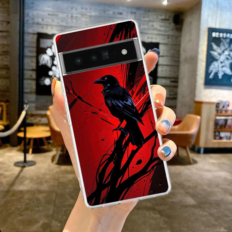 Black Raven Phone Case Cover for Google Pixel 9 8 7 6 5 4 4XL Soft TPU 7A 6A 5A 4A 3A Pro XL 5G Transparent Shell Fundas Capas