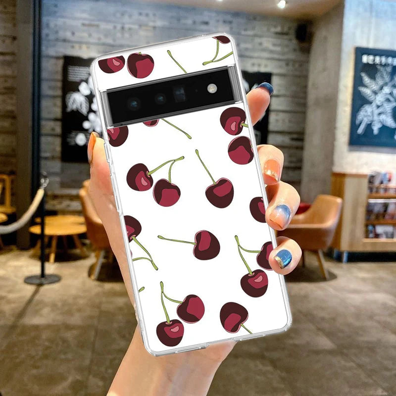 Cute Cherry Bow Phone Case For Google Pixel 9 8 7 6 Pro XL 8A 7A 6A 5 4 5A 4A 3A XL 5G soft Silicone Clear TPU Cover