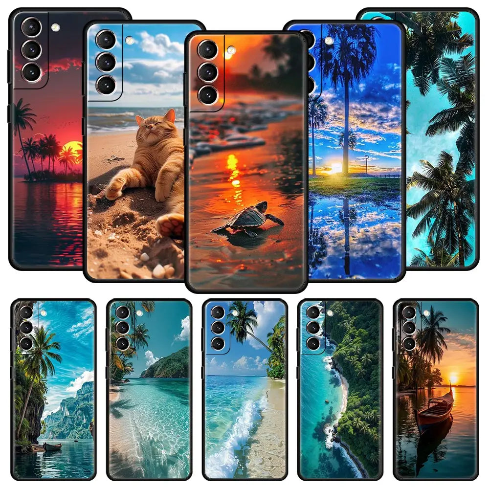 Summer Beach Scene at Sunset on sea Palm Tree Case For Samsung Galaxy S24 S23 S22 S20 Ultra S21 FE 5G S10 S9 Plus S10E S8 Cover
