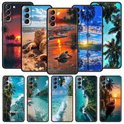 Summer Beach Scene at Sunset on sea Palm Tree Case For Samsung Galaxy S24 S23 S22 S20 Ultra S21 FE 5G S10 S9 Plus S10E S8 Cover