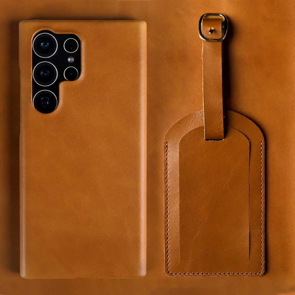 Luxury Business Genuine Leather Phone Case For Samsung Galaxy S25 Ultra S24FE S23 S22 S21 S20 Vintage Back Cover + Luggage Tag