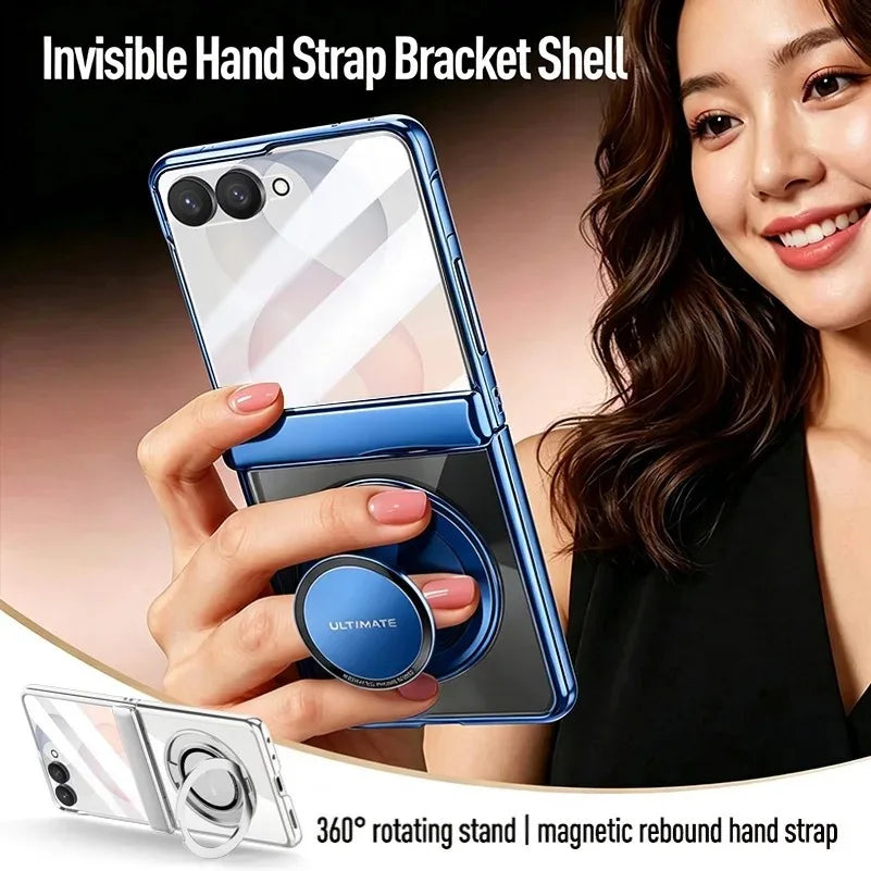 Premium Transparent Magnetic Snap-back Wristband Phone Case For Samsung Galaxy Z Flip 8 With Glass Screen Hinge Protection Cover