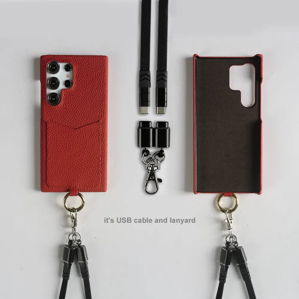 Multifunctional Charging Cable Lanyard Genuine Leather Case For iPhone 16 Pro Max 15Pro 11 13 12 14Pro Crossbody Strap Card Slot