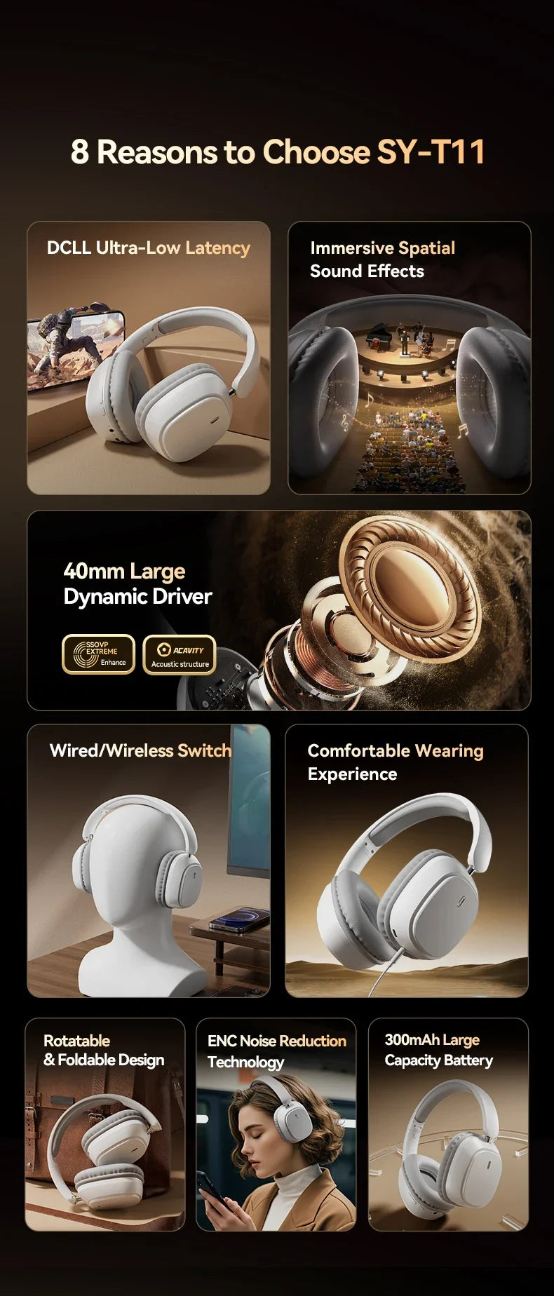 SY-T11 Wireless Headphones Bluetooth 5.3 Over Ear Headset With Mic Bass/Pop Mode Hi-Res HiFi Wired Headphones 90H APP For XiaoMi