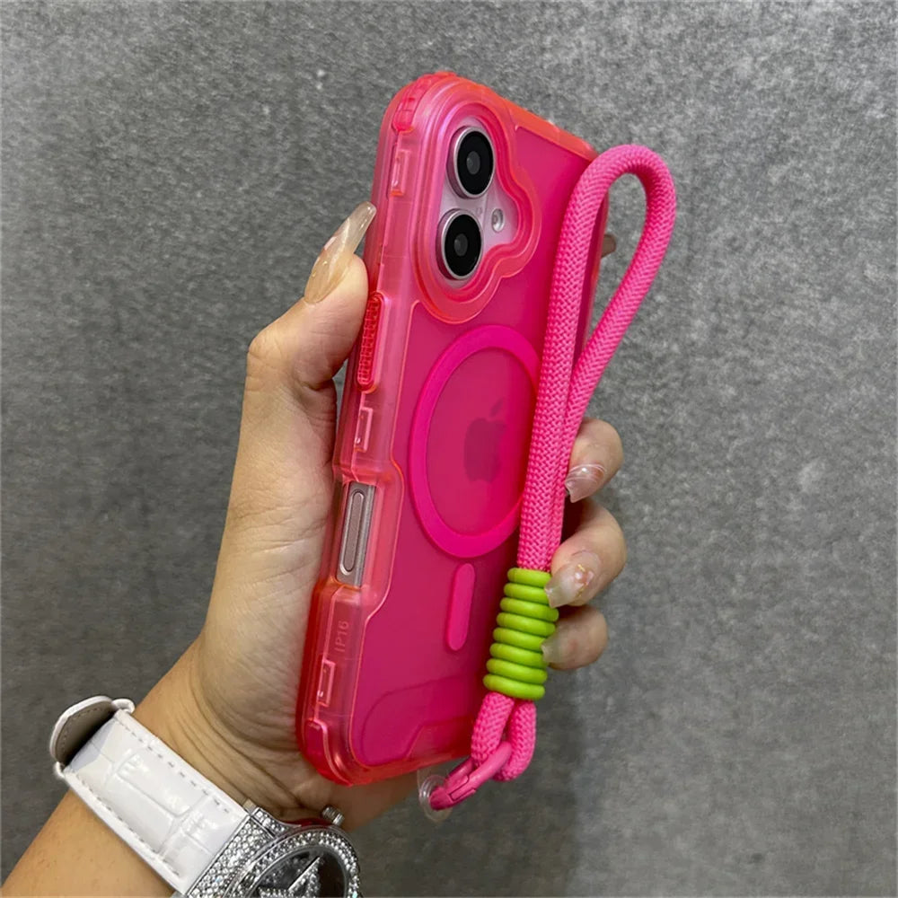 Luxury Armour Matte For Magsafe Phone Case For iPhone 17 11 14 12 13 15 16Pro Max Colourful Wrist Strap Lanyard Shockproof Cover