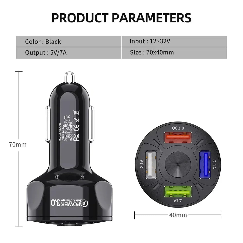 4 in 1 Retractable Car Charger Fast Charging Car Charger  with USB Type-C Cable & 2 Type C Charging Ports, Universal Car Charger