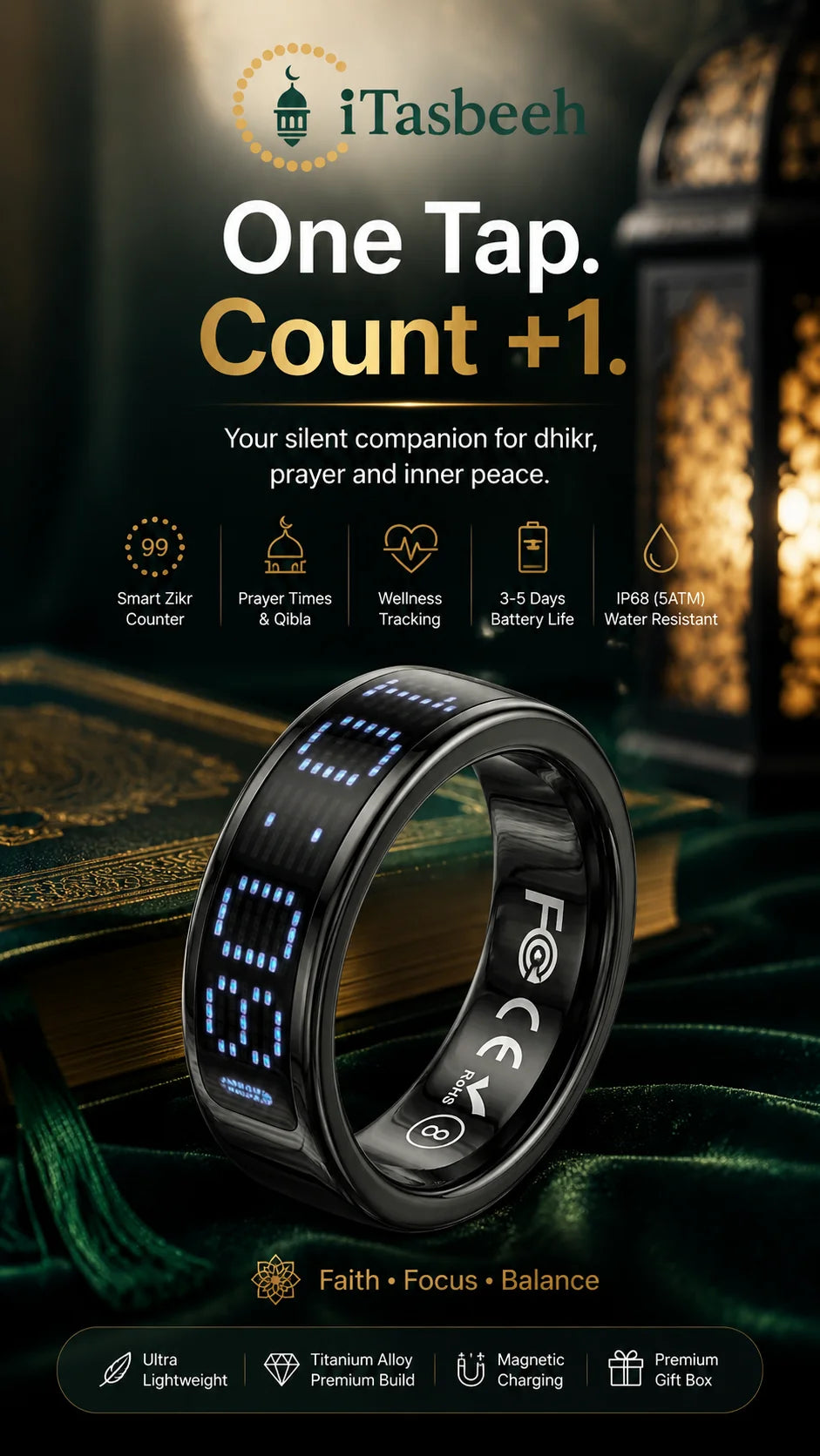 SQ666 Smart Zikr Tasbeeh Steel Ring with Magnetic Charging Case LED Display Comprehensive Health Monitoring Gift