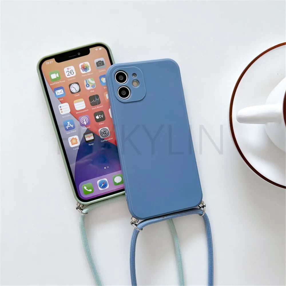 Crossbody Necklace Strap Lanyard Cord Phone Case For iPhone 13 12 MiNi 11 14 15 Pro X XR XS Max 6S 7 8 Plus Soft Silicone Cover