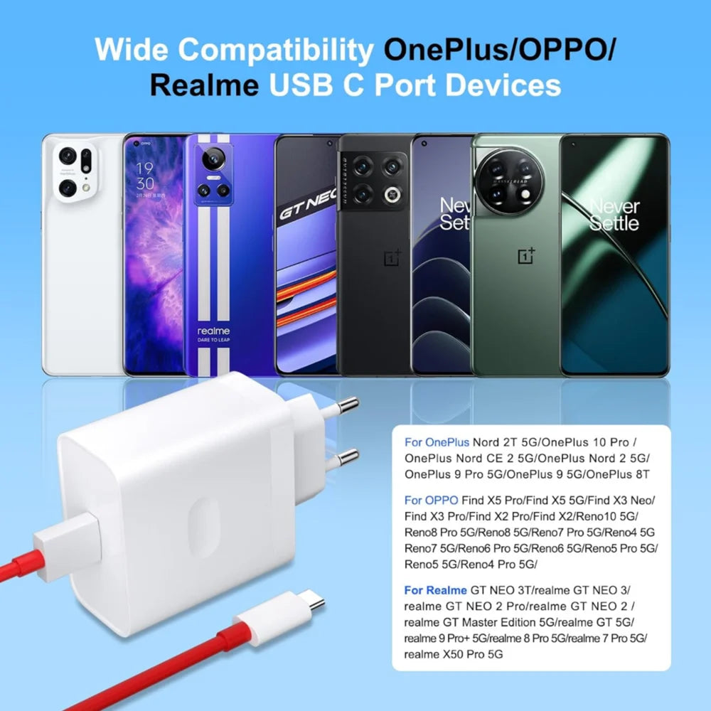 EU Plug 80W Ultra Fast Charger For OnePlus 8 9 10 11 12 13 Nord 2 2T N200 N300 5G OPPO Realme Type C USB SuperVooc Charge Cable