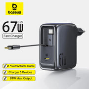 Baseus 67W 100W Fast Charger GaN Charger USB C Retractable Cable Phone Charger For iPhone Samsung Laptop Charger PD QC Charger