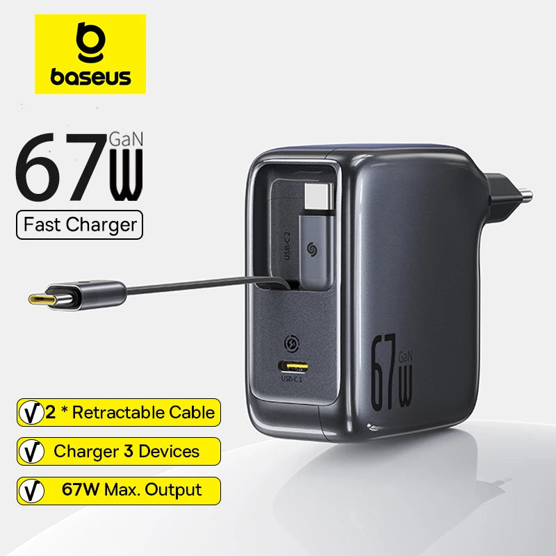 Baseus 67W 100W Fast Charger GaN Charger USB C Retractable Cable Phone Charger For iPhone Samsung Laptop Charger PD QC Charger