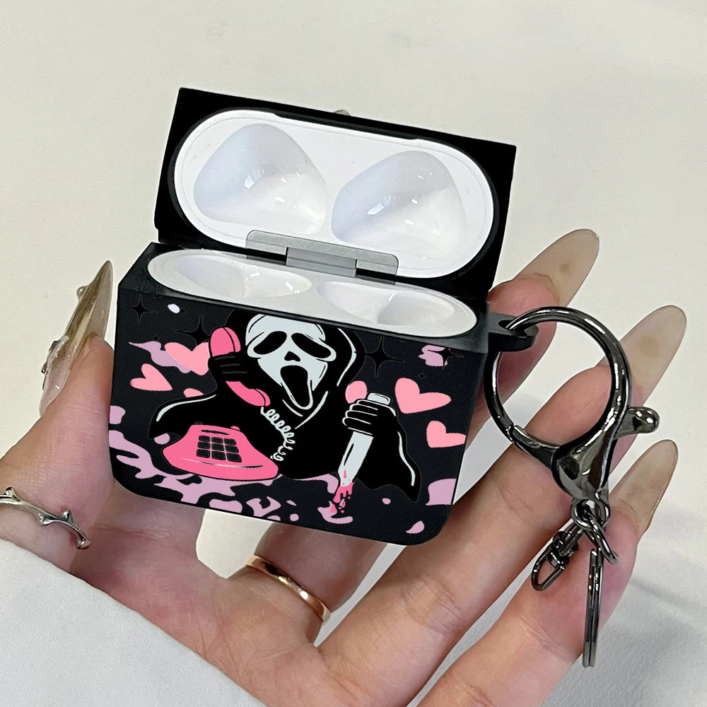 Pink Ghostface Hard Earphone Case for AirPods 1or2, 3, 4, Pro2/Pro Case Stylish Bluetooth Headset Protective Cover with Keychain