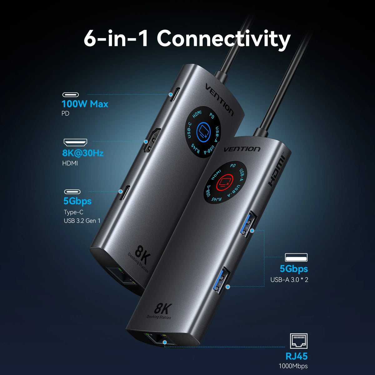Vention 6 in 1 USB C 8K@30Hz HDMI HUB Smart Led Touch USB 3.0 Ethernet Adapter Docking Station for MacBook Lenovo HP iPad Laptop