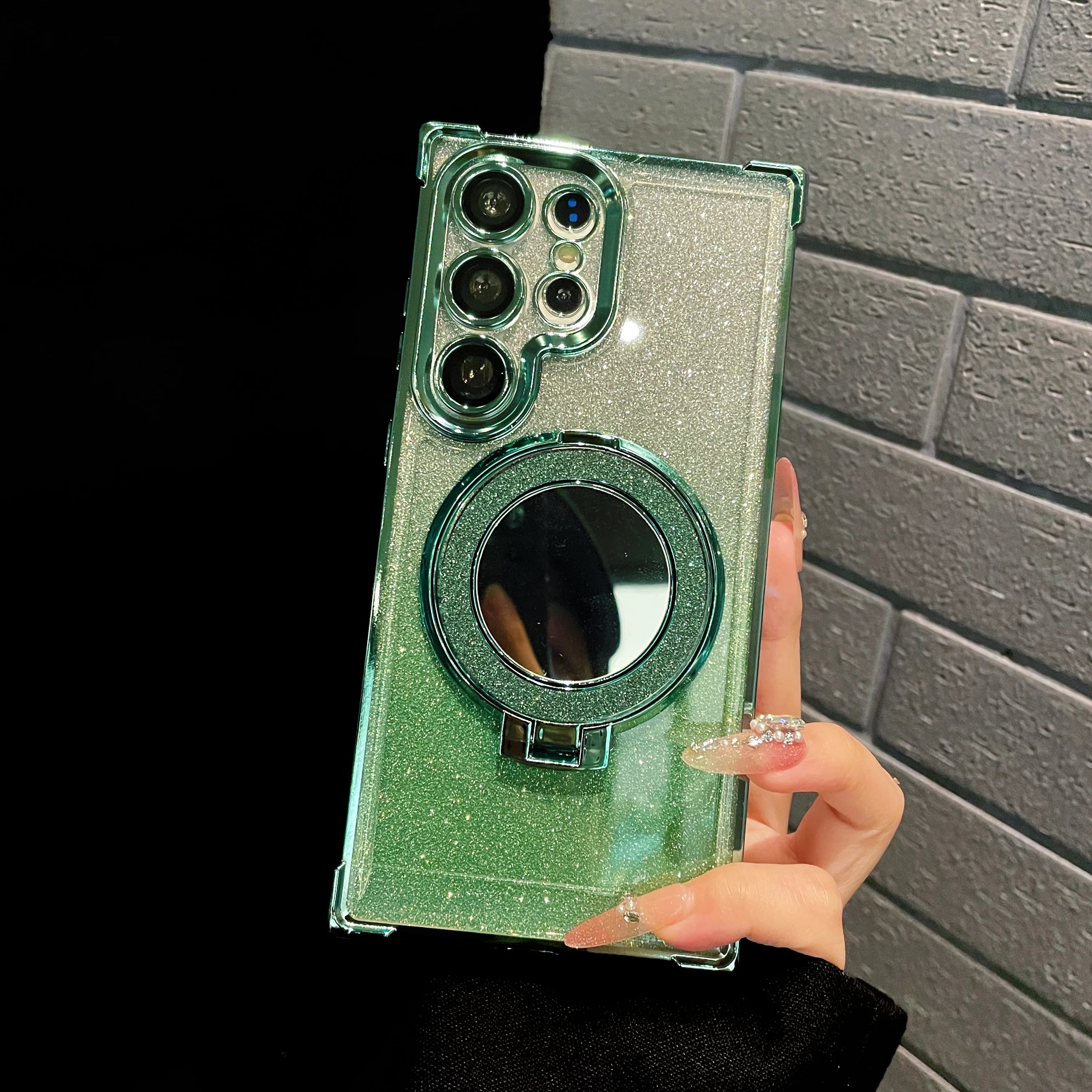 Glitter Magnetic Mirror Stand Holder Case For Samsung S24 S23 S22 S21 S20 Note 20 10 Ultra Plus FE For Magsafe Shockproof Cover