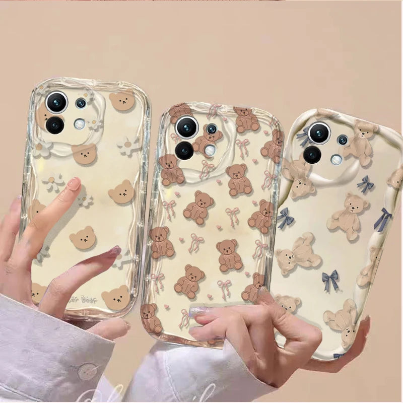 Cute Sweet Bow Bear Case For Samsung Galaxy S25 Ultra S22 S21 S20 Plus S21FE S20FE S25FE A31 Cartoon Silicone Wave Side Cover