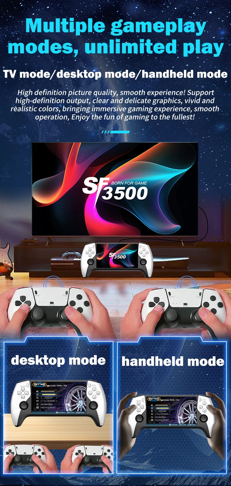 Multifunctional 5 Inch IPS HD Retro Handheld Game Console SF3500 Support Multi-System with FHD Port& Dual Core,256GB Expandable