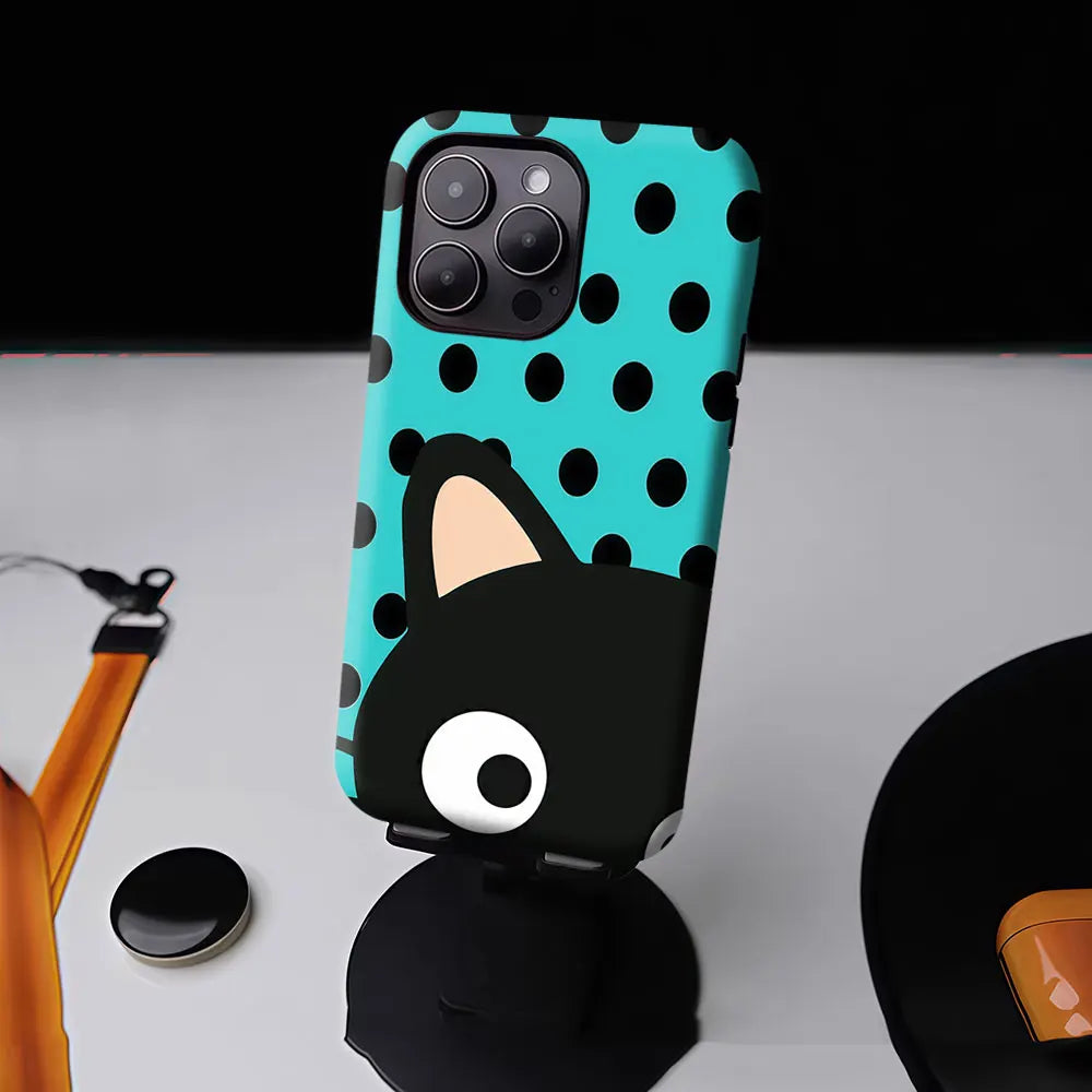 Aurbe Matte 2-in-1 Film Magsafe Case For iPhone 17 16 15 14 Plus 17 Pro Max Shockproof Hard Shell Turquoise Polka Dot Cat Case