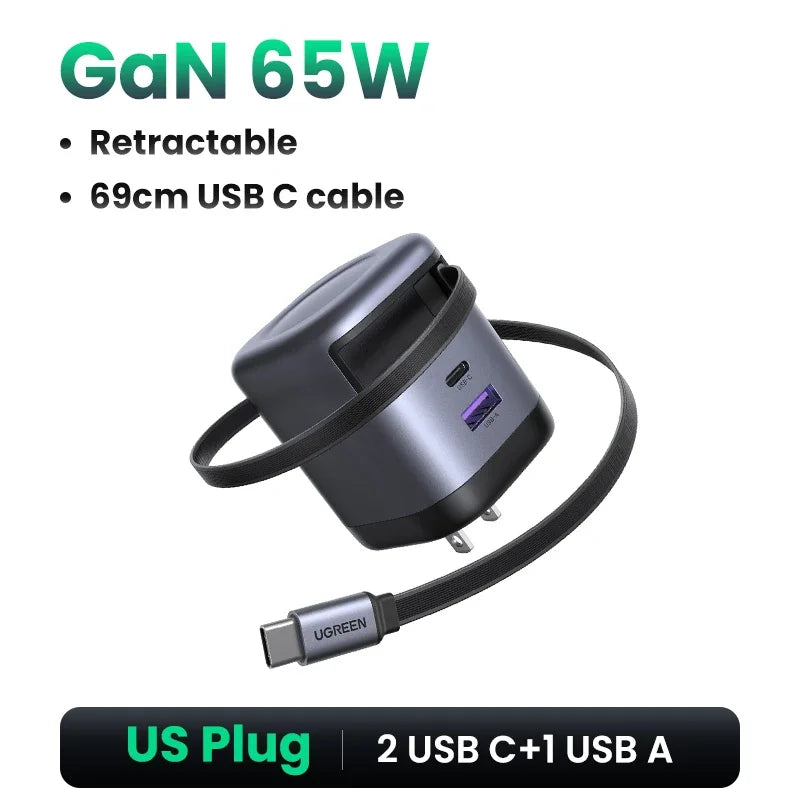UGREEN 100W GaN Charger With Retractable USB C Cable UFCS PPS PD Fast Charger For Laptop Macbook Pro iPad Tablet iPhone Samsung