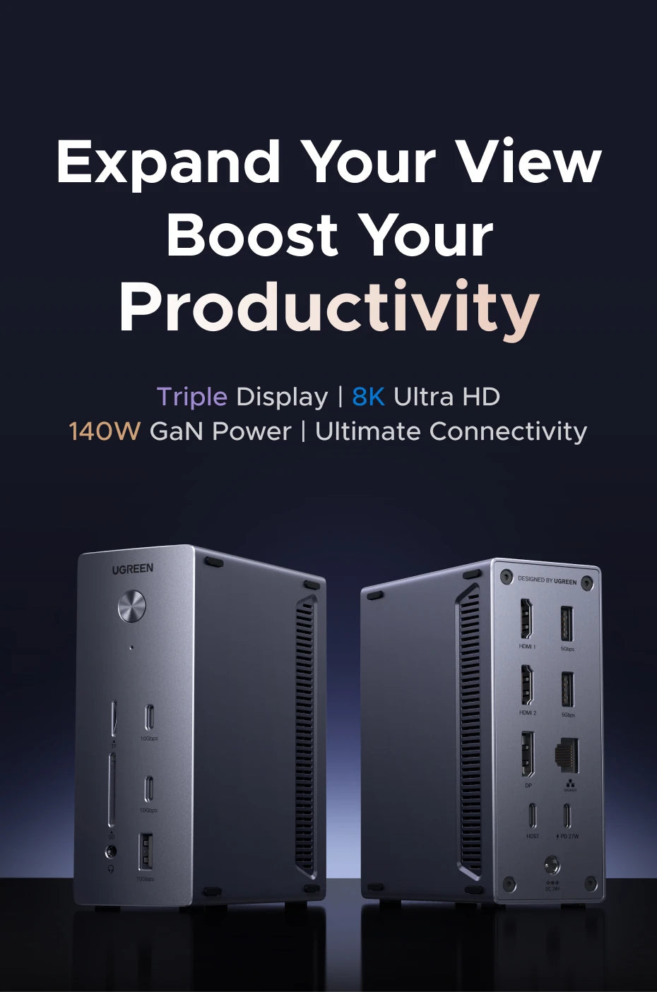 UGREEN 14-in-1 USB HUB Docking Station Type-C to 4K120Hz DP 4K60Hz 2xHDMI SD/TF RJ45 10Gbps USB-A/C PD Charging DC for Laptop PC